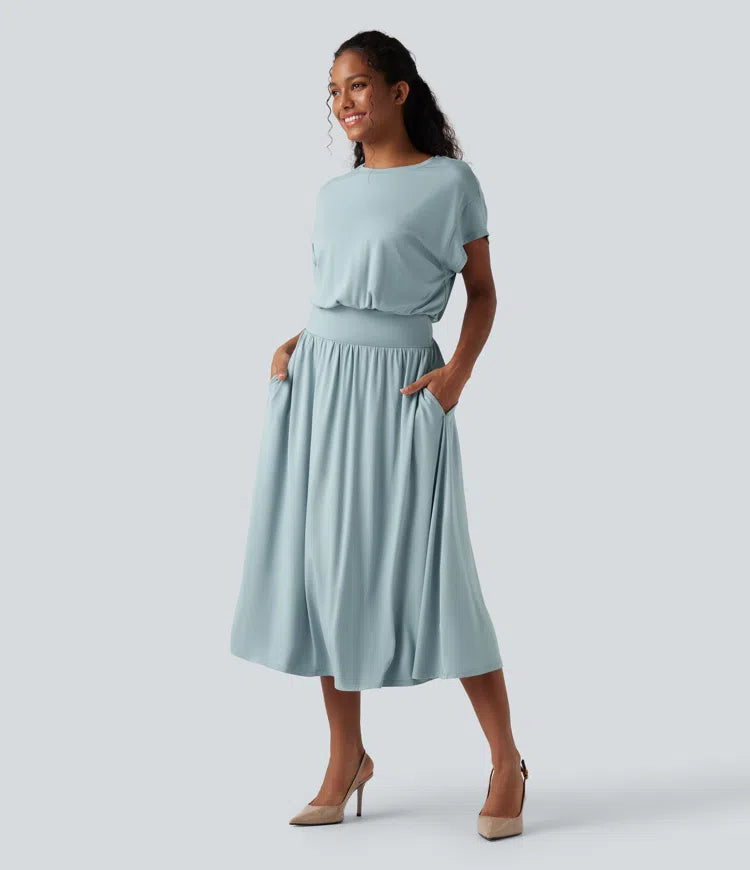 Vestido Santorini - Midi elegante con manga amplia y cintura marcada