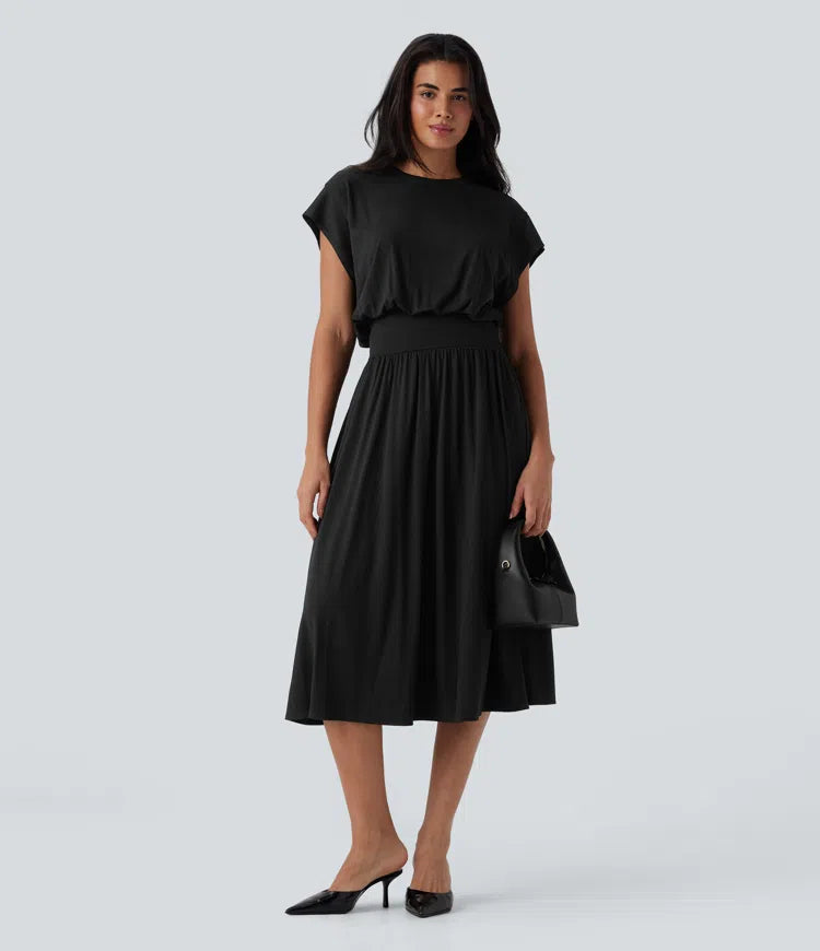 Vestido Santorini - Midi elegante con manga amplia y cintura marcada