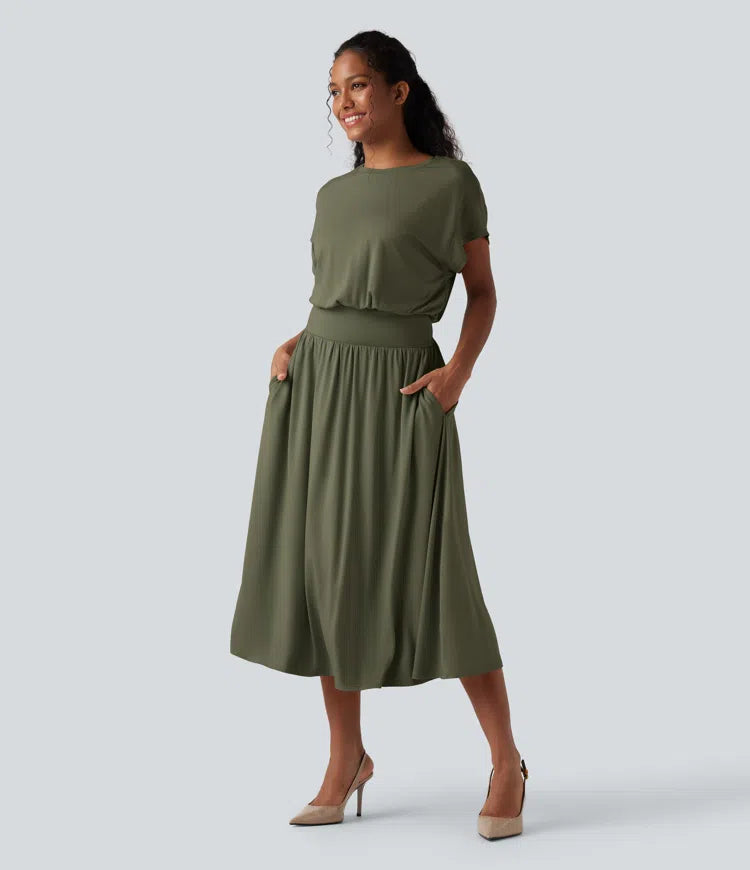 Vestido Santorini - Midi elegante con manga amplia y cintura marcada